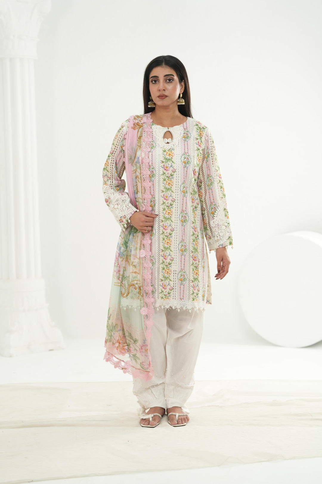 Embroidered Lawn Pink & Off White Stitched Suit - Maria B M Print '26