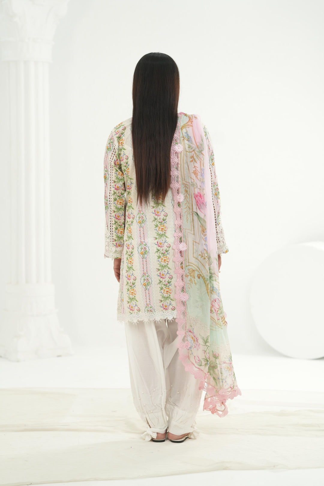 Embroidered Lawn Pink & Off White Stitched Suit - Maria B M Print '26