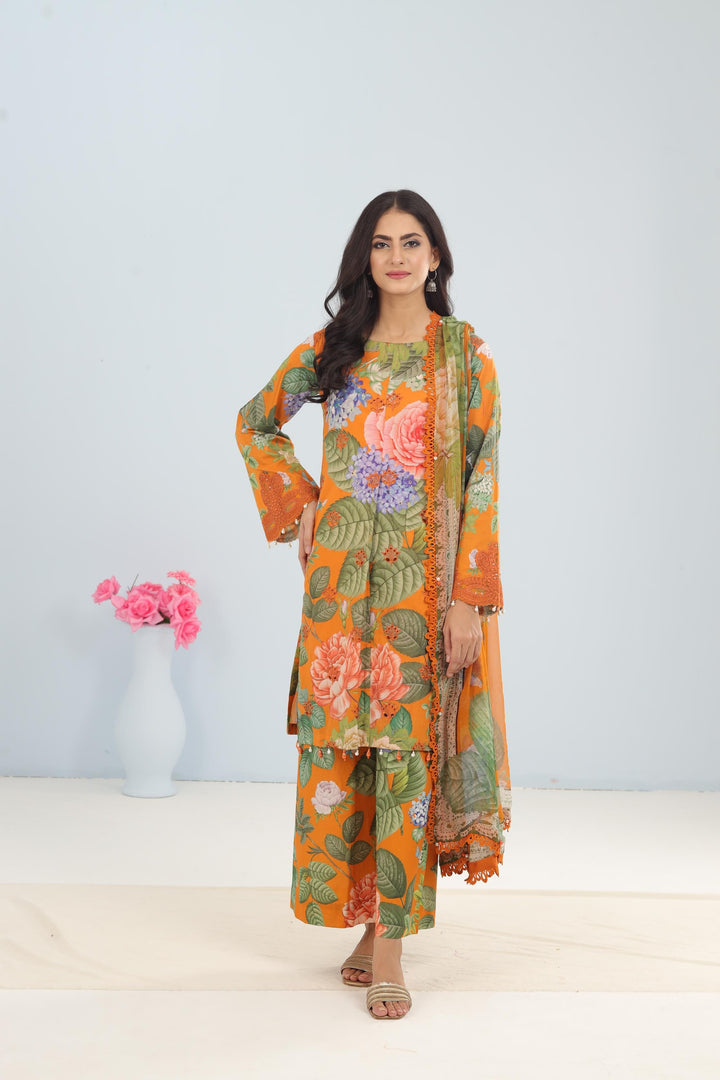 Lawn Orange Stitched Suit - Maria B