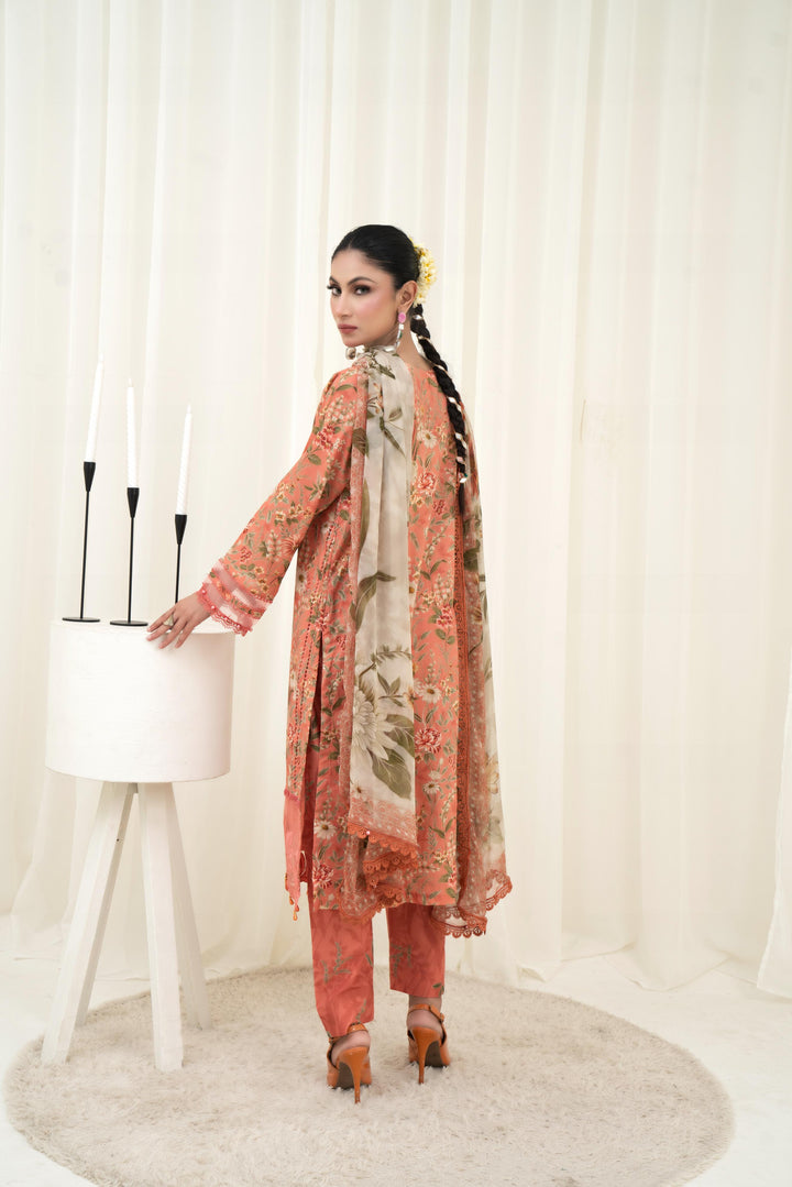 Printed Lawn Dark Peach Stitched Suit - Maria B M Prints