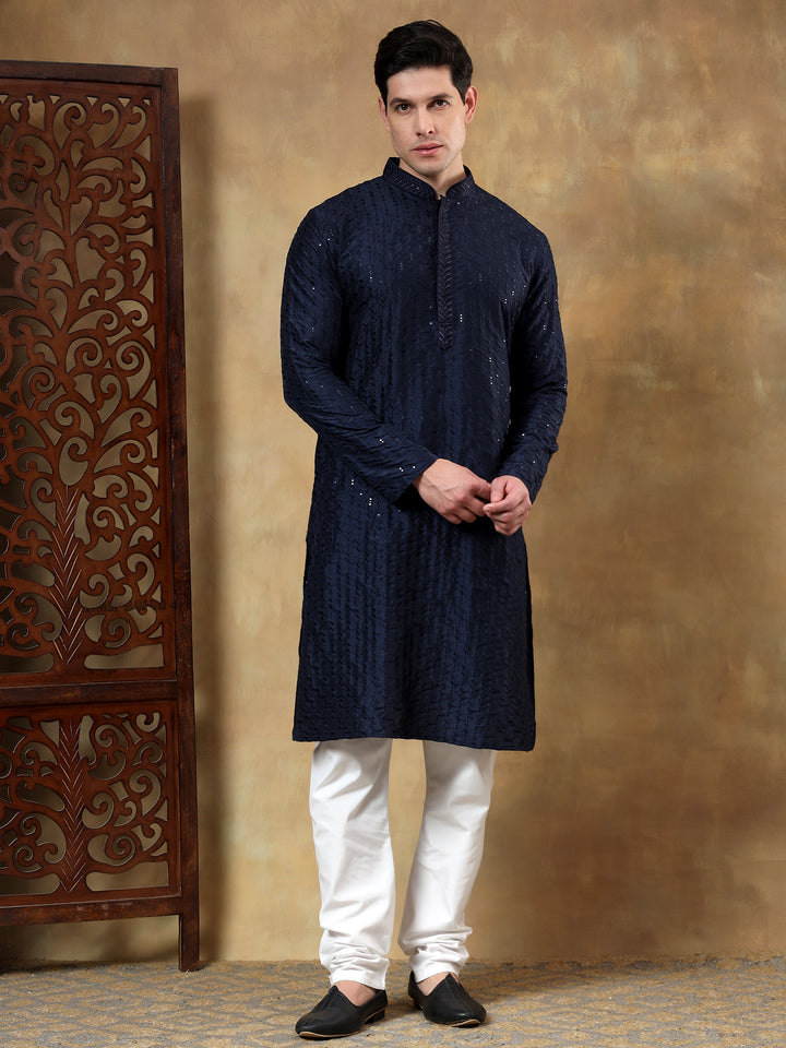 Polyester Viscose Navy Blue Kurta Trouser - Jiah