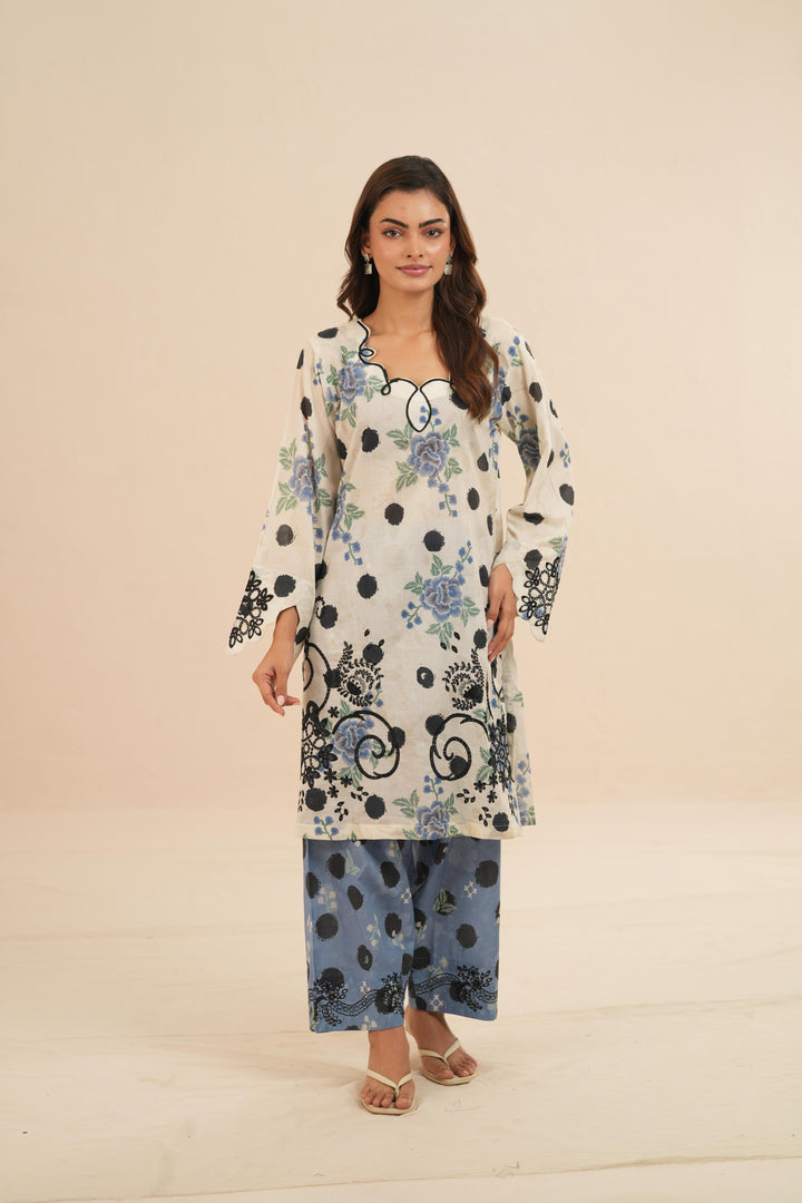 Embroidered Chikankari Lawn Off White Stitched Suit - Nureh