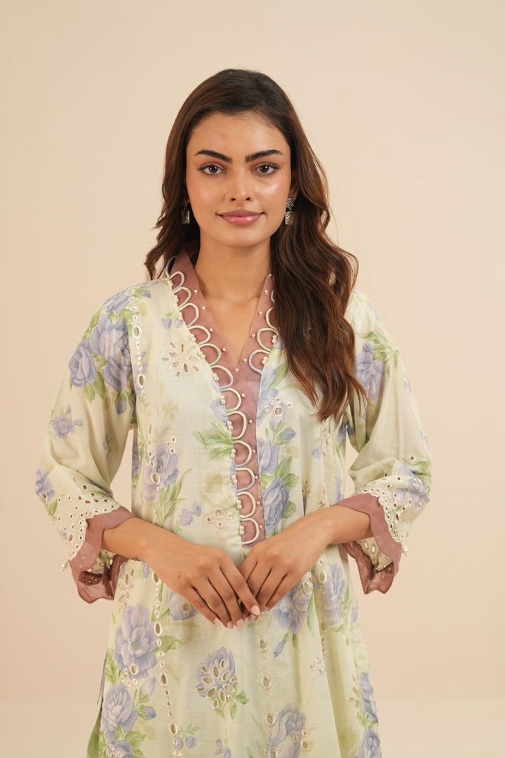 Embroidered Chikankari Lawn Sage Green Stitched Suit - Nureh