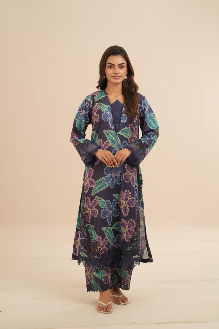 Embroidered Chikankari Lawn Navy Blue Stitched Suit - Nureh