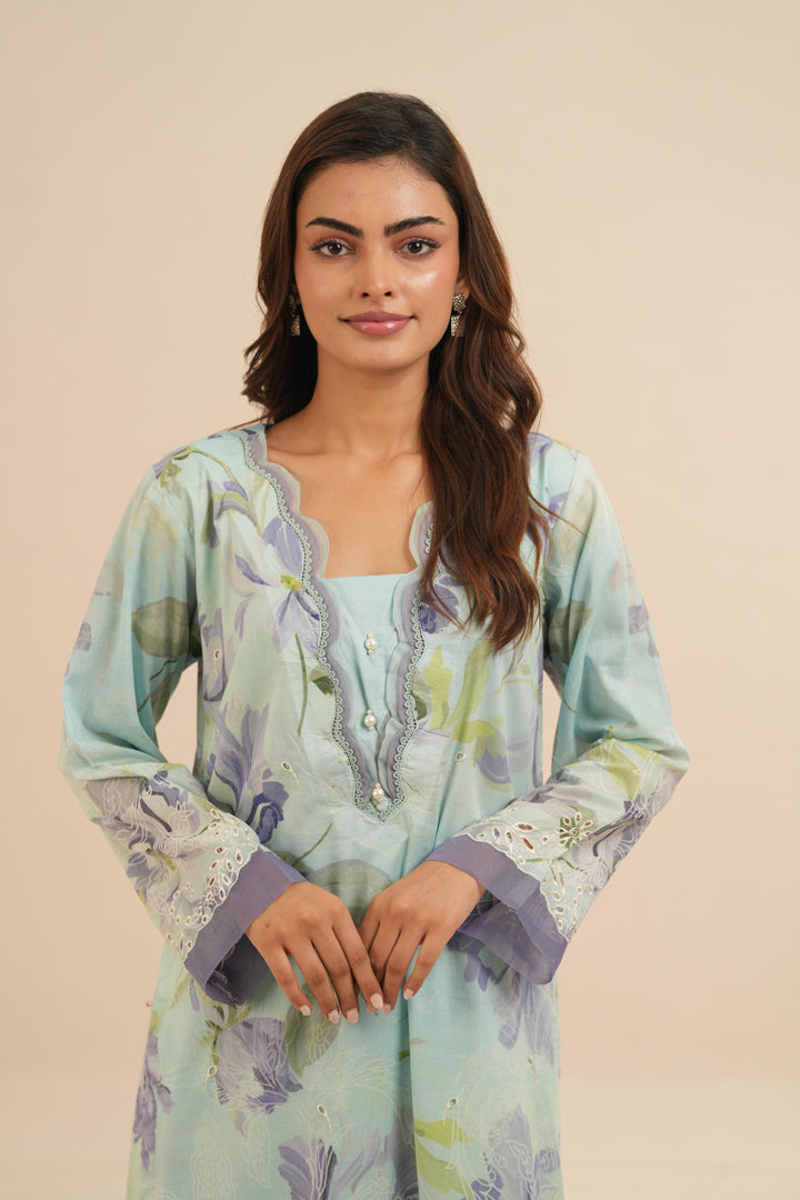 Embroidered Chikankari Lawn Ice Blue Stitched Suit - Nureh
