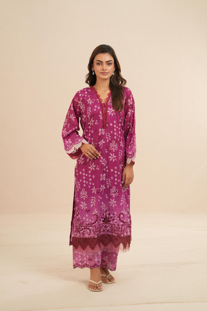 Embroidered Chikankari Lawn Fuchsia Pink Stitched Suit - Nureh