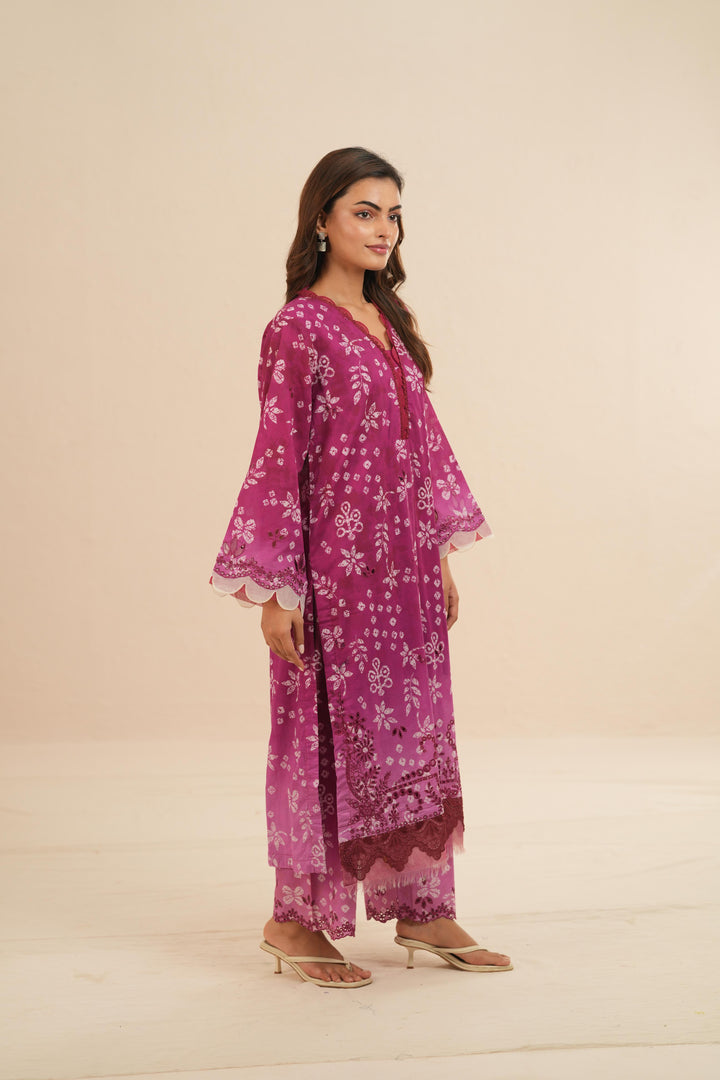 Embroidered Chikankari Lawn Fuchsia Pink Stitched Suit - Nureh
