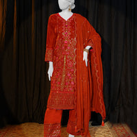Velvet Rust Stitched Suit - J. Junaid Jamshed