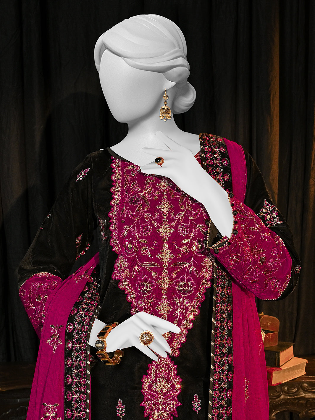 Velvet Black Stitched Suit - J. Junaid Jamshed