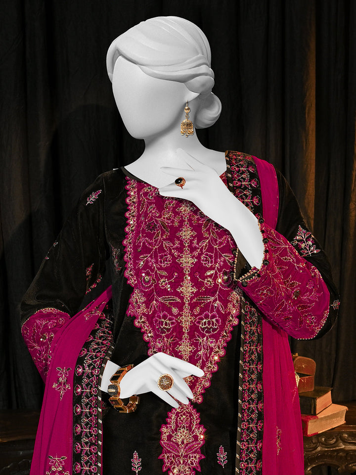 Velvet Black Stitched Suit - J. Junaid Jamshed