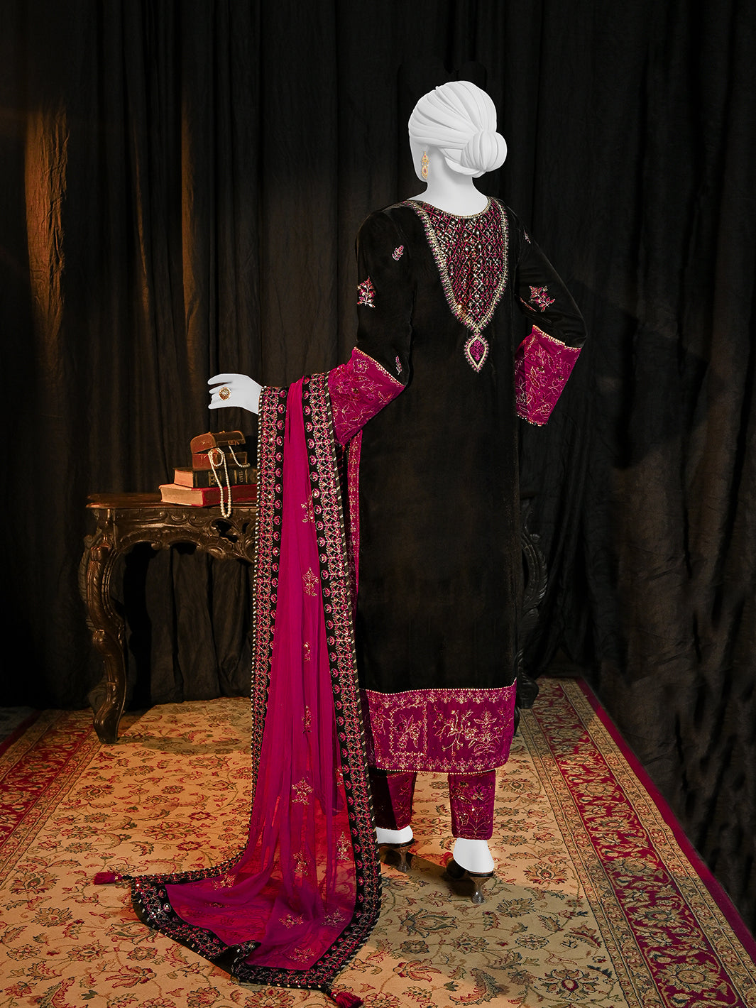 Velvet Black Stitched Suit - J. Junaid Jamshed
