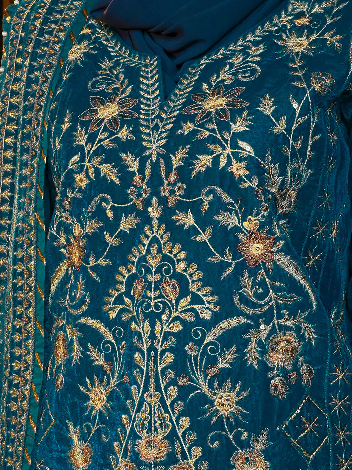 Velvet Ferozi Stitched Suit - J. Junaid Jamshed