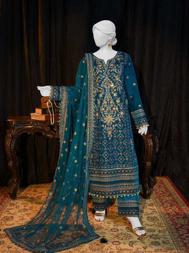 Velvet Ferozi Stitched Suit - J. Junaid Jamshed