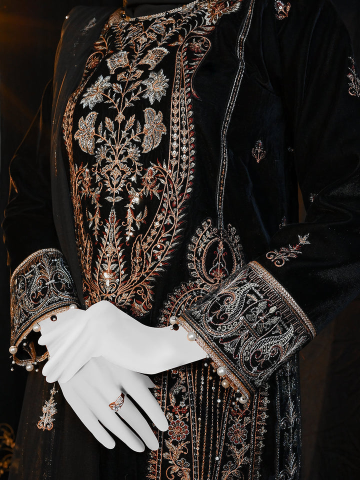 Velvet Black Stitched Suit - J. Junaid Jamshed
