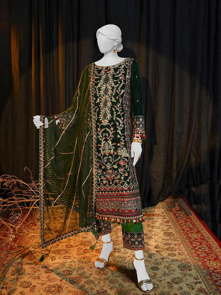 Velvet Green Stitched Suit - J. Junaid Jamshed