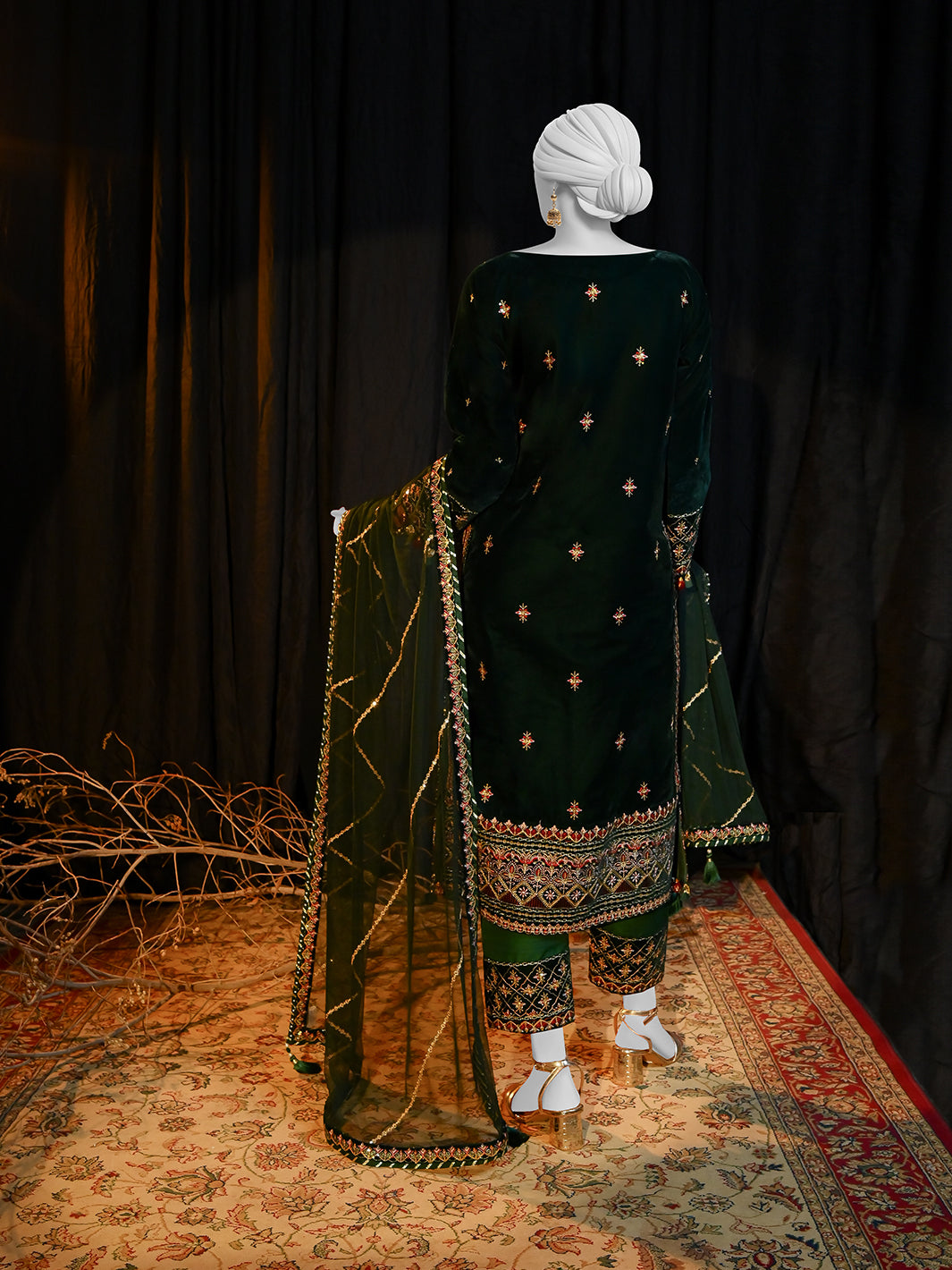 Velvet Green Stitched Suit - J. Junaid Jamshed
