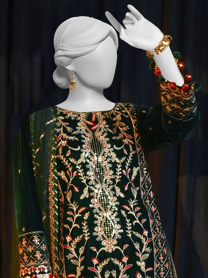 Velvet Green Stitched Suit - J. Junaid Jamshed