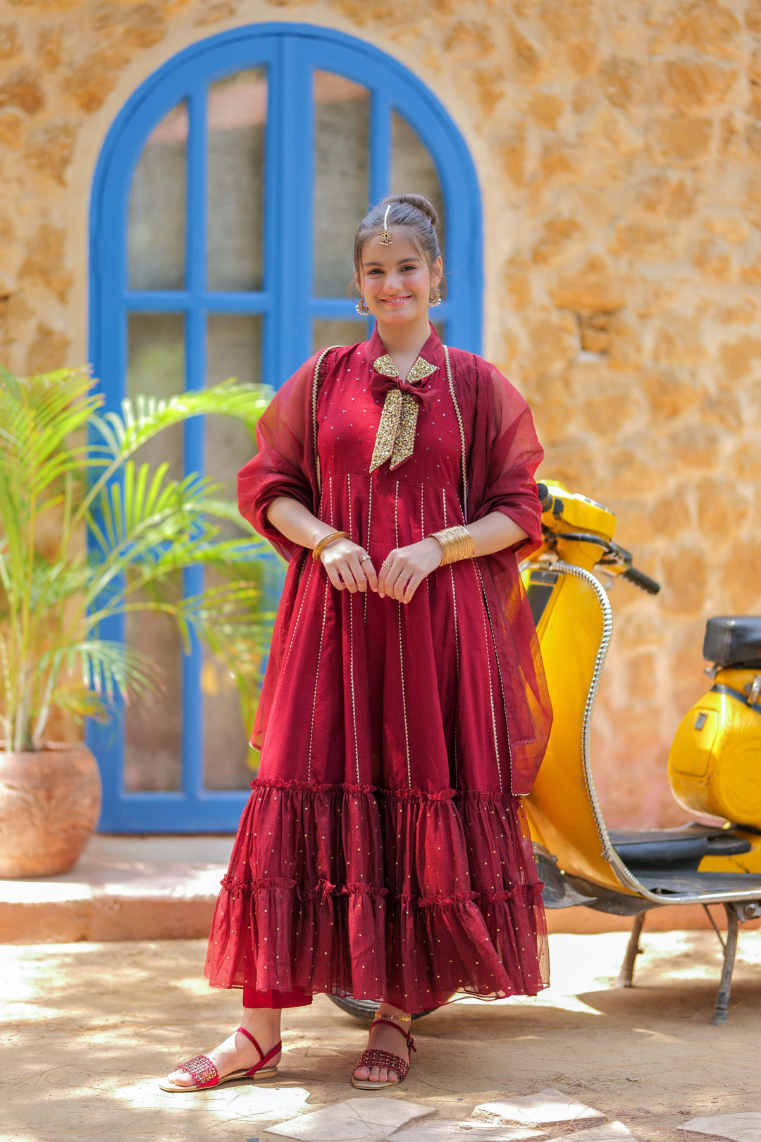 Viscose Chambray Katan Maroon & Gold Stitched Suit - Senorita