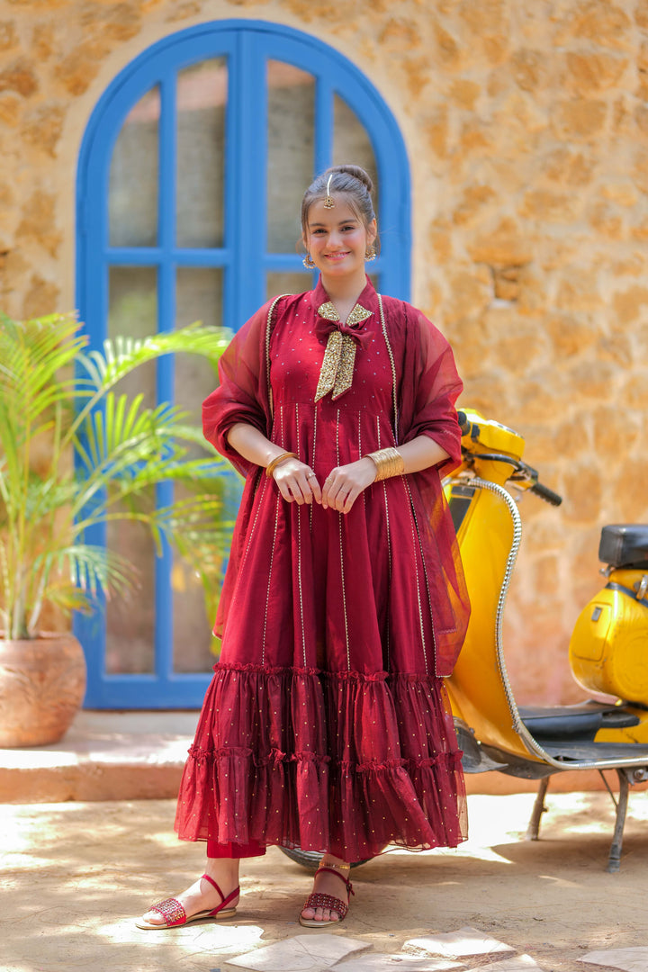 Viscose Chambray Katan Maroon & Gold Stitched Suit - Senorita