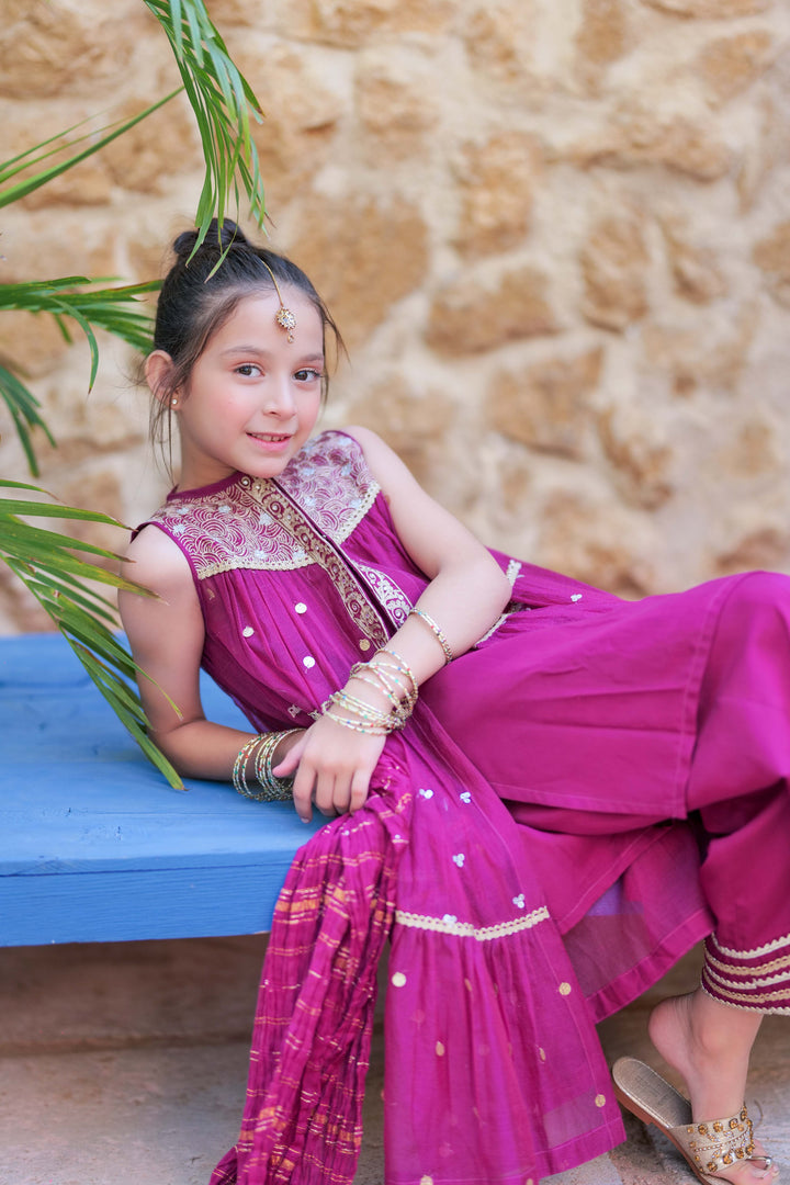 Bori Net Fancy Magenta Stitched Suit - Senorita