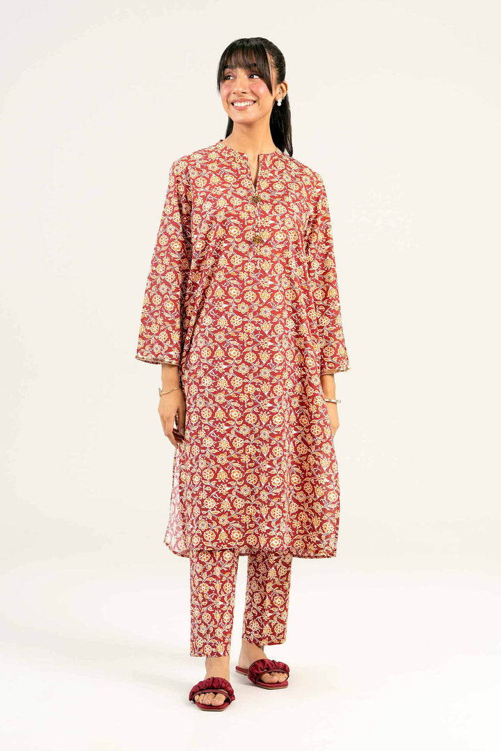 Cambric Maroon Stitched Suit - Nishat