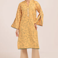 Dyed Cambric Screen Printed Mustard Kurti - Bonanza
