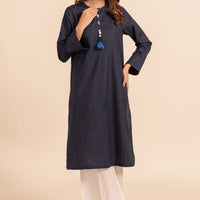 Dyed Self Jacquard Blue Kurti - Bonanza