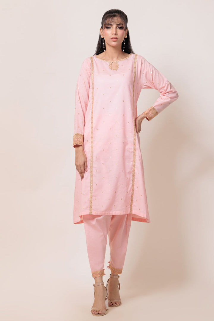 Dyed Cambric Embroidery Pink Stitched Suit - Bonanza