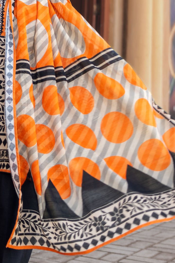 Khaddar Printed Black & Orange Stitched Suit - Gul Ahmed