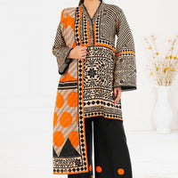Khaddar Printed Black & Orange Stitched Suit - Gul Ahmed