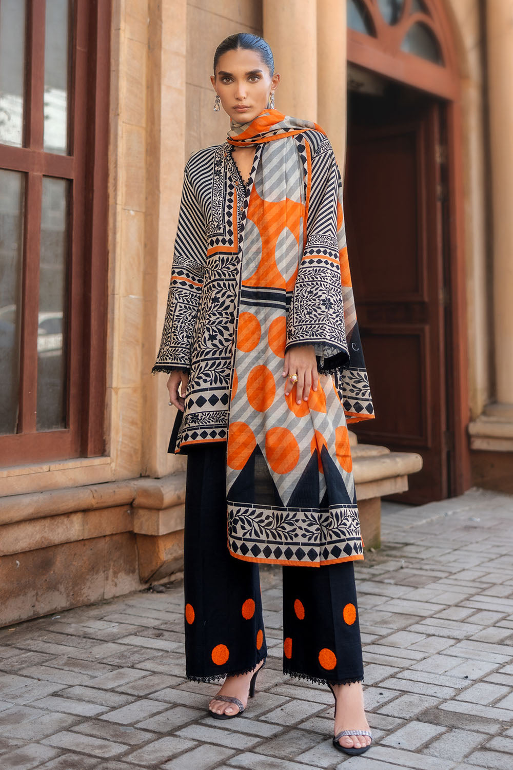 Khaddar Printed Black & Orange Stitched Suit - Gul Ahmed