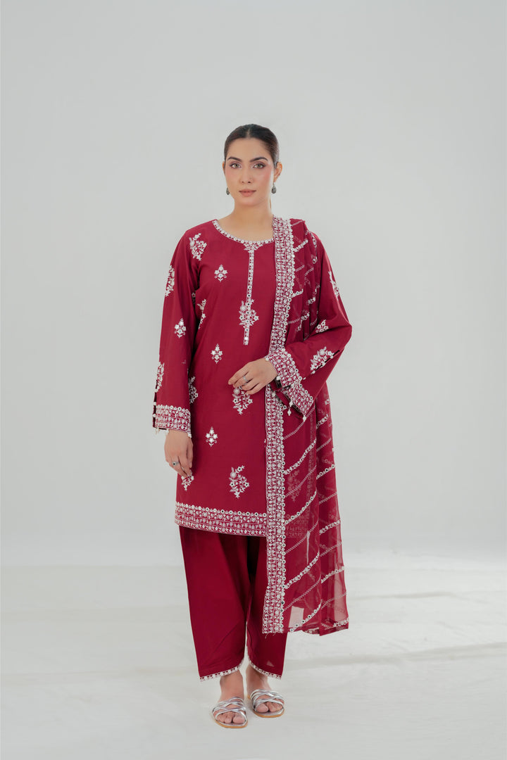 Royal Garnet - Cross Stitch Embroidered Lawn Stitched