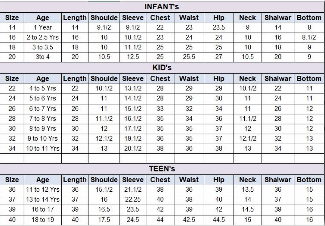 Raf Raf kids size chart