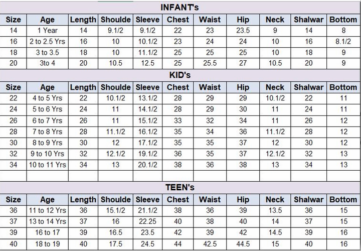 Raf Raf kids size chart