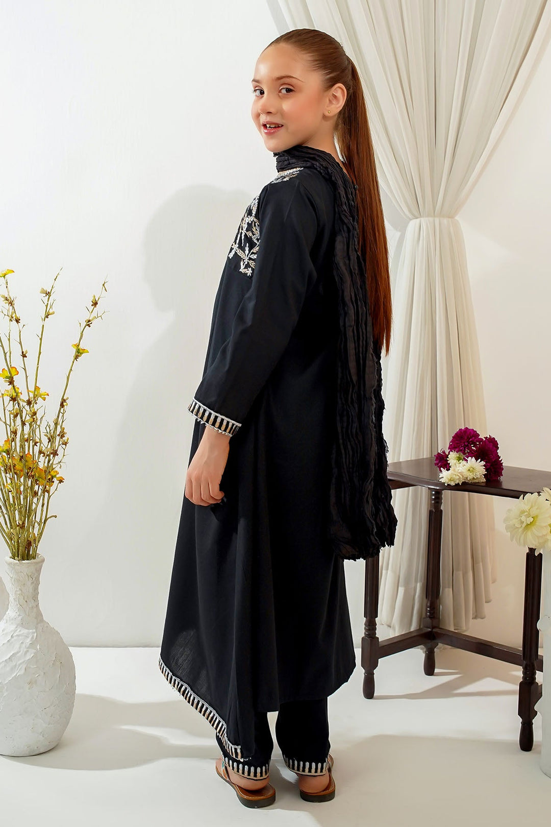 Cotton Embroidered Black Stitched Suit - Ochre