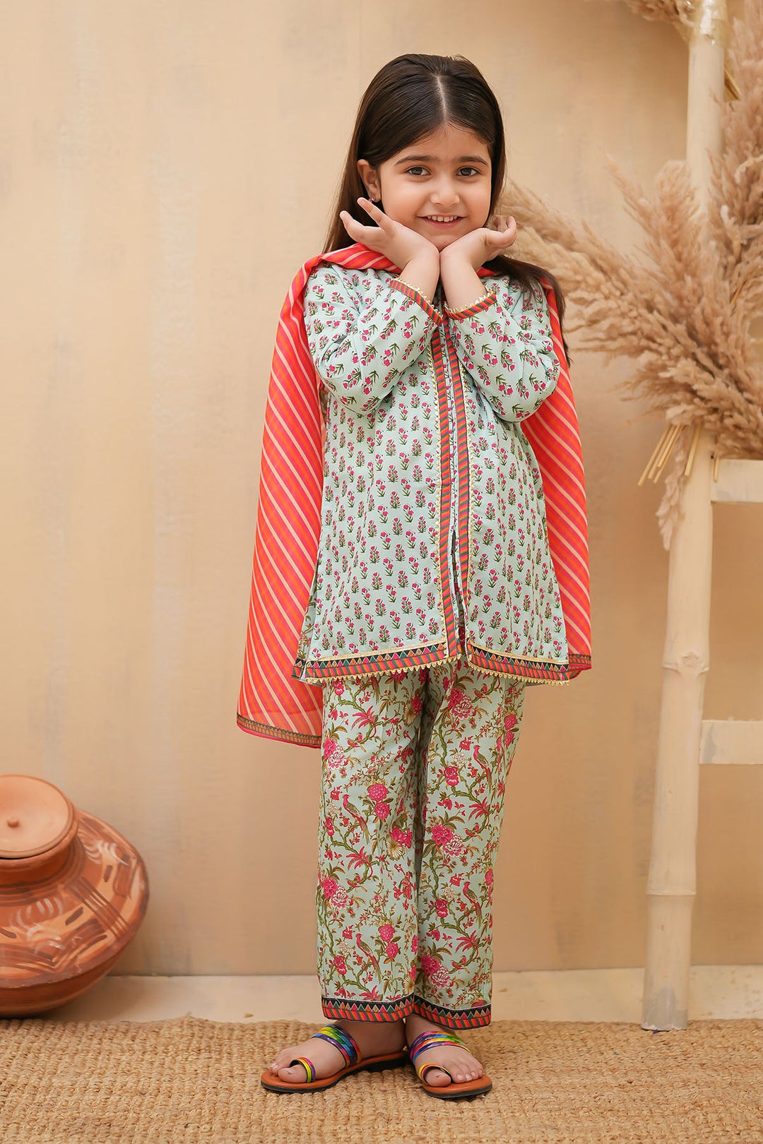 Swiss Lawn Digital Printed Mint & Blue Stitched Suit - Ochre
