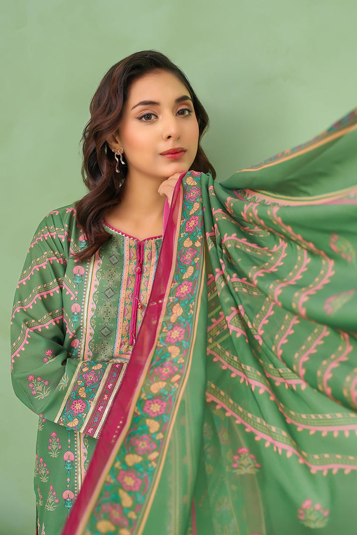 Poly Lawn Digital Printed Olve Green Stitched Suit - Ochre