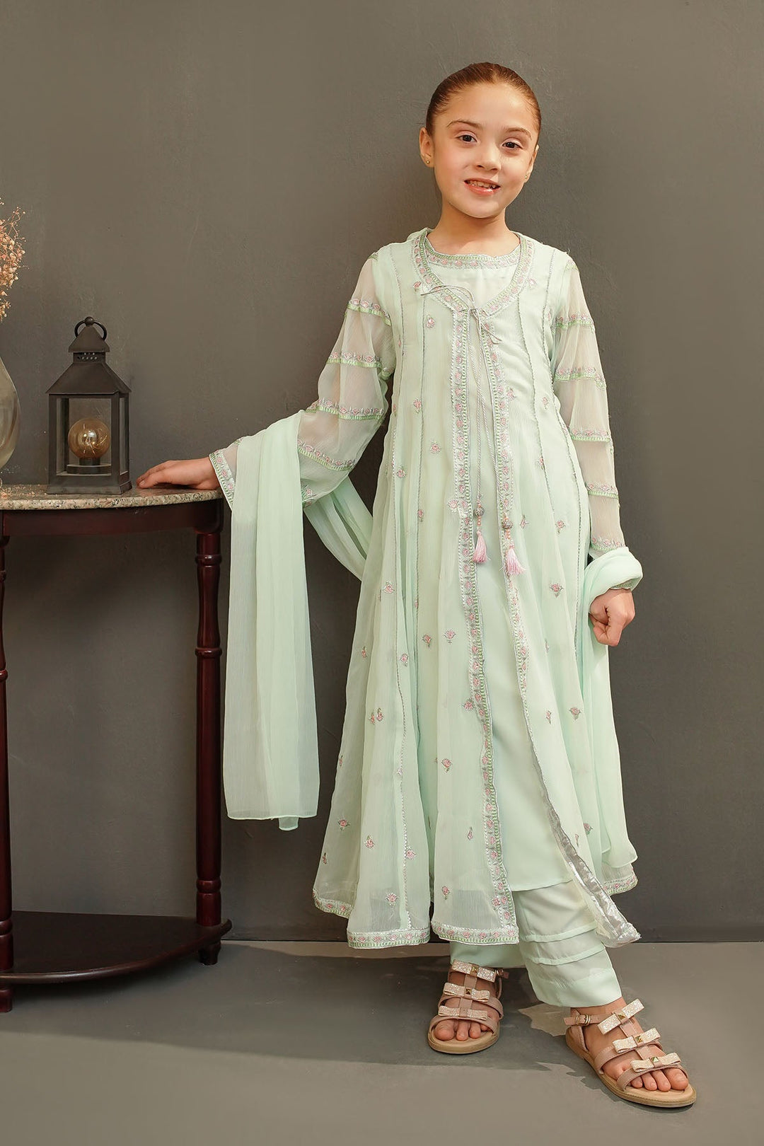 Chiffon Embroidered Mint Stitched Suit - Ochre