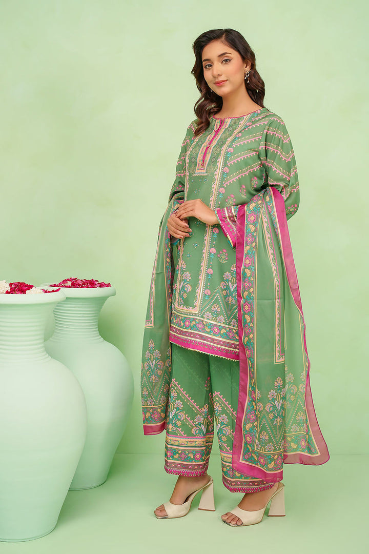 Poly Lawn Digital Printed Olve Green Stitched Suit - Ochre