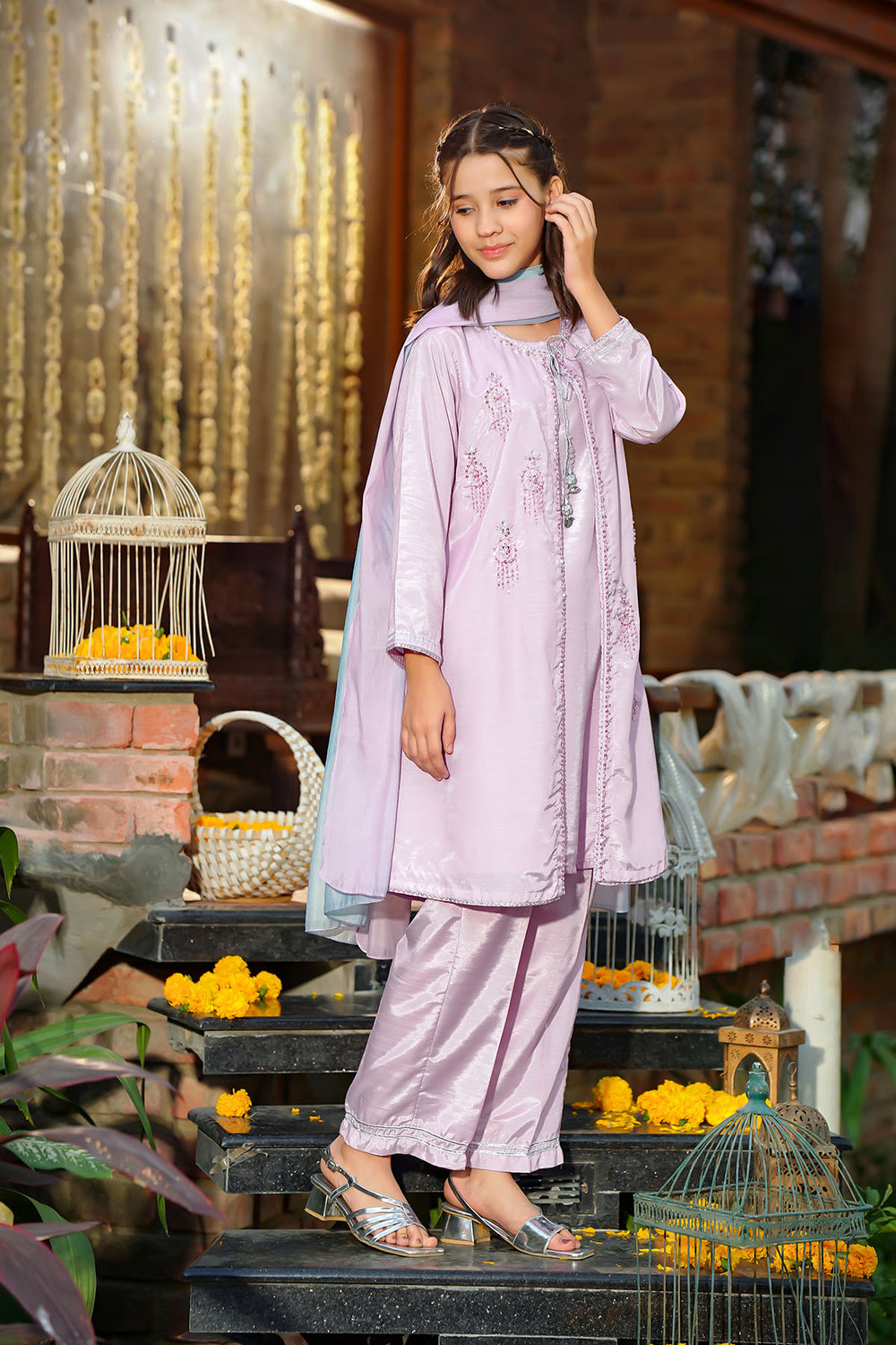 Cotton Silk Hand Adda Work Lavendar Stitched Suit - Ochre