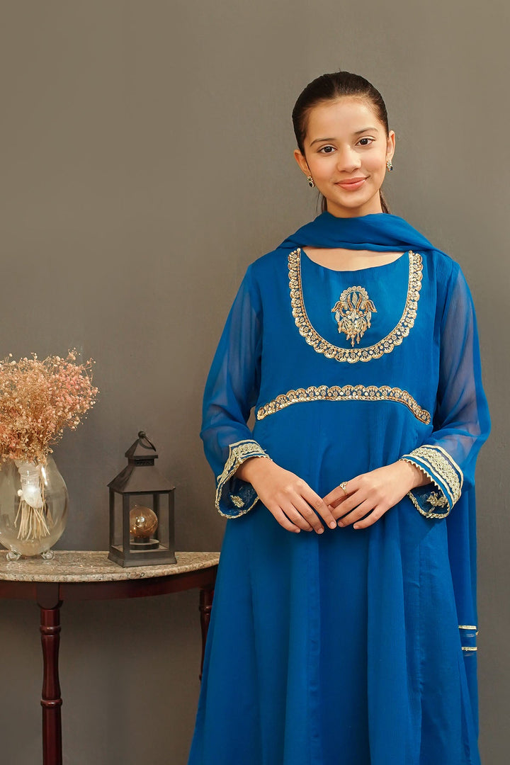 Chiffon Hand Adda Work Blue Stitched Suit - Ochre