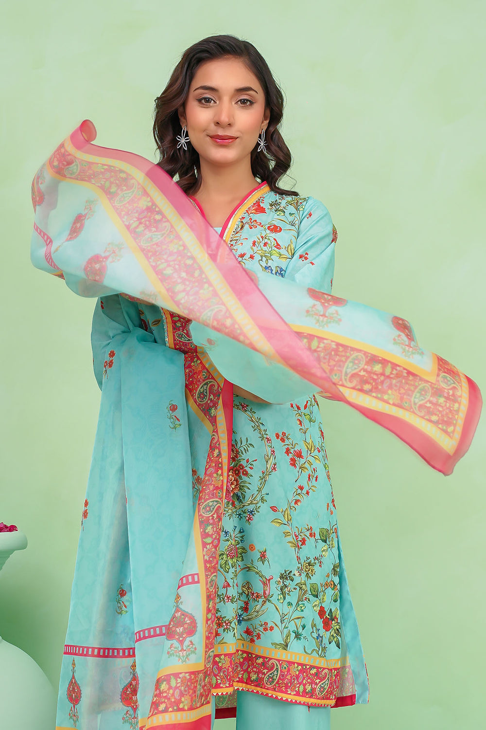 Poly Lawn Digital Printed Ferozi Stitched Suit - Ochre