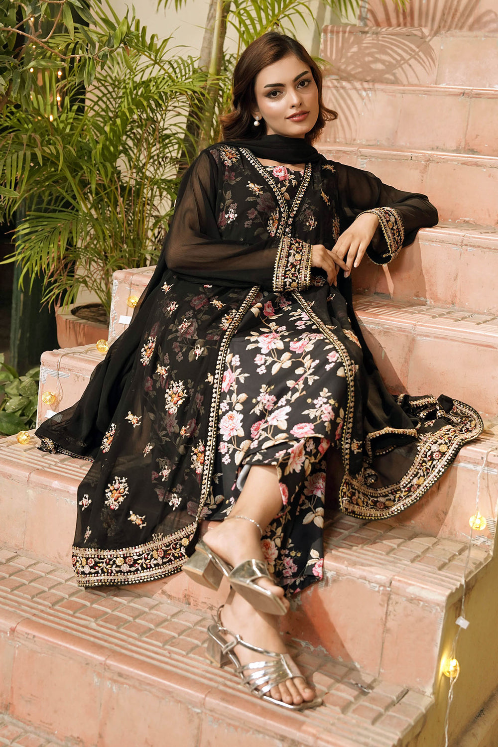 Chiffon Embroidered Black Stitched Suit - Ochre