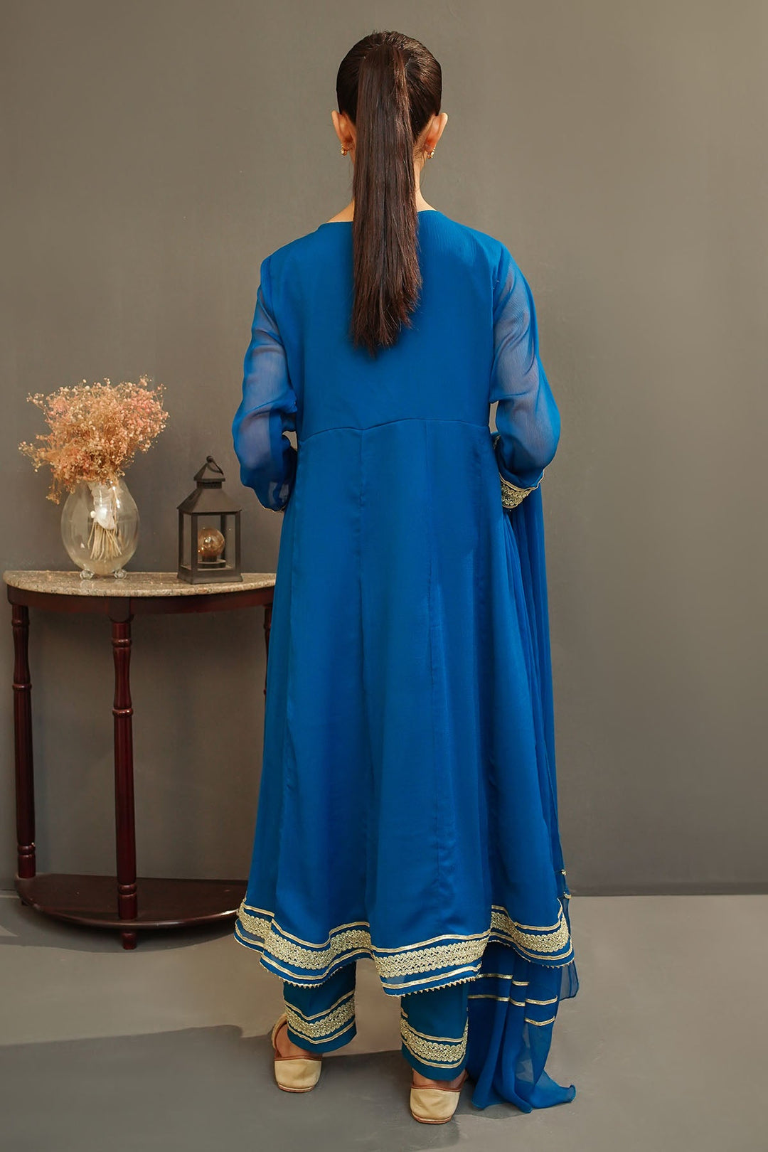 Chiffon Hand Adda Work Blue Stitched Suit - Ochre