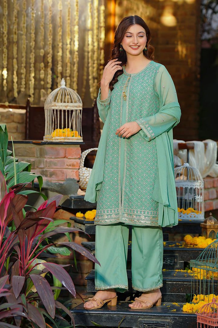 Chiffon Embroidered Pista Green Stitched Suit - Ochre