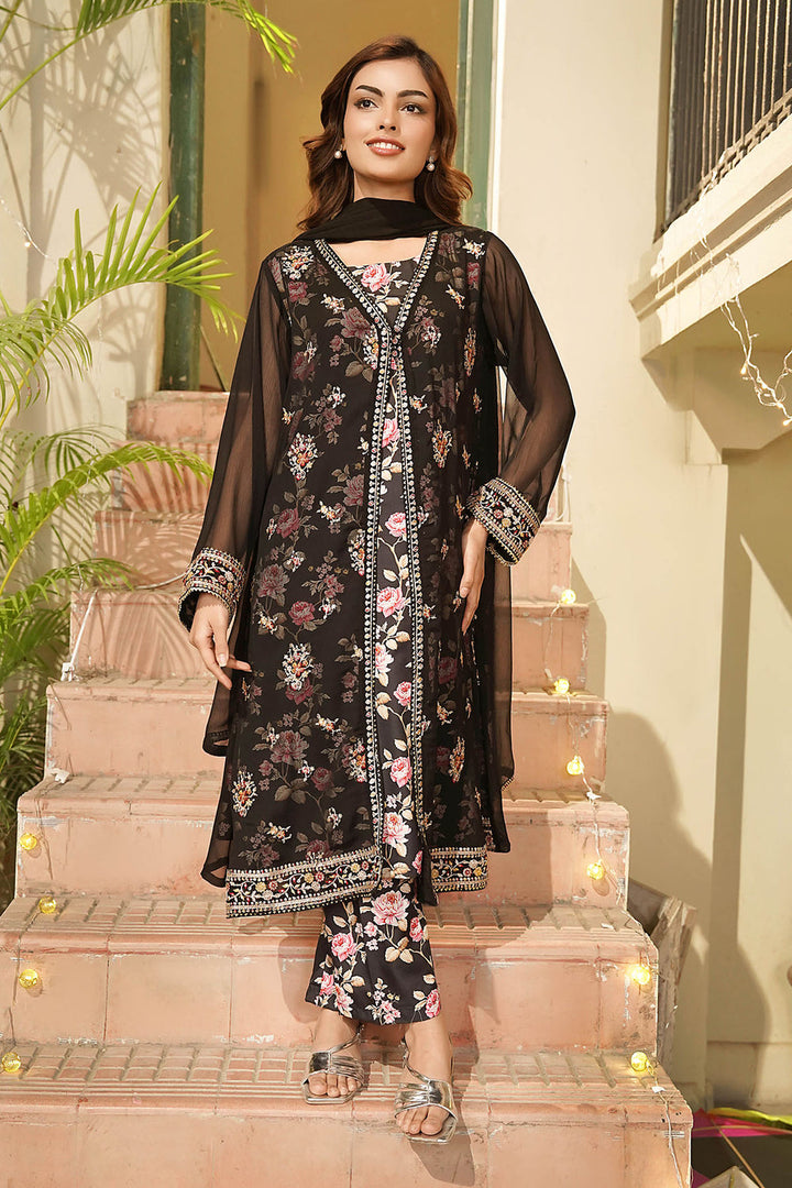 Chiffon Embroidered Black Stitched Suit - Ochre