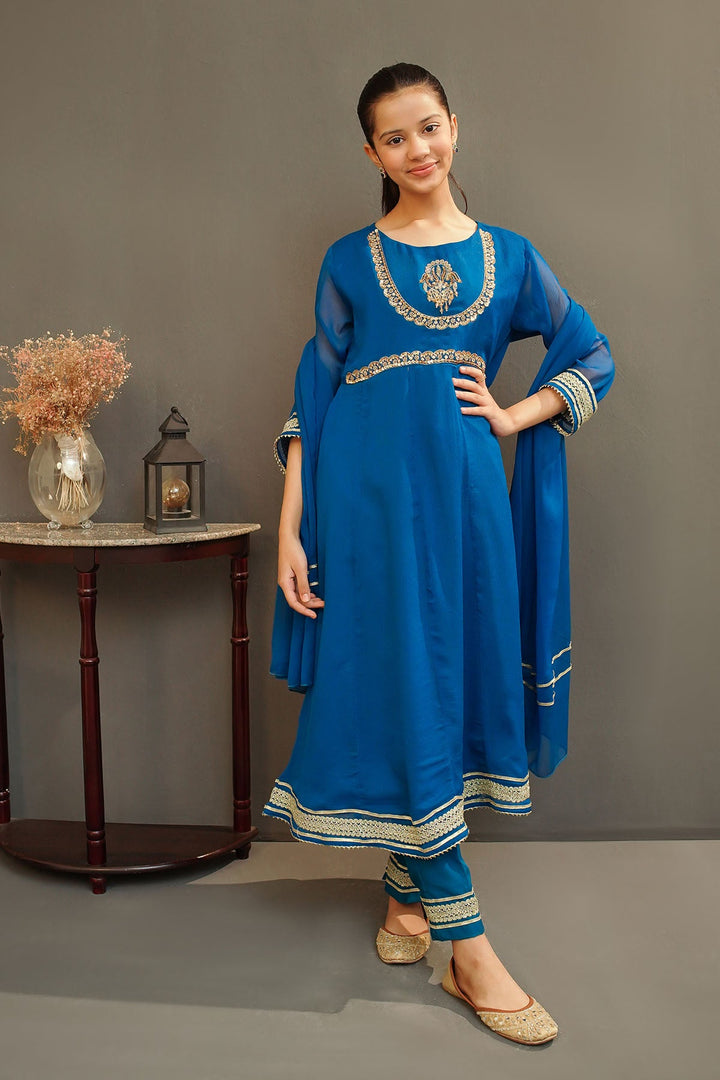 Chiffon Hand Adda Work Blue Stitched Suit - Ochre