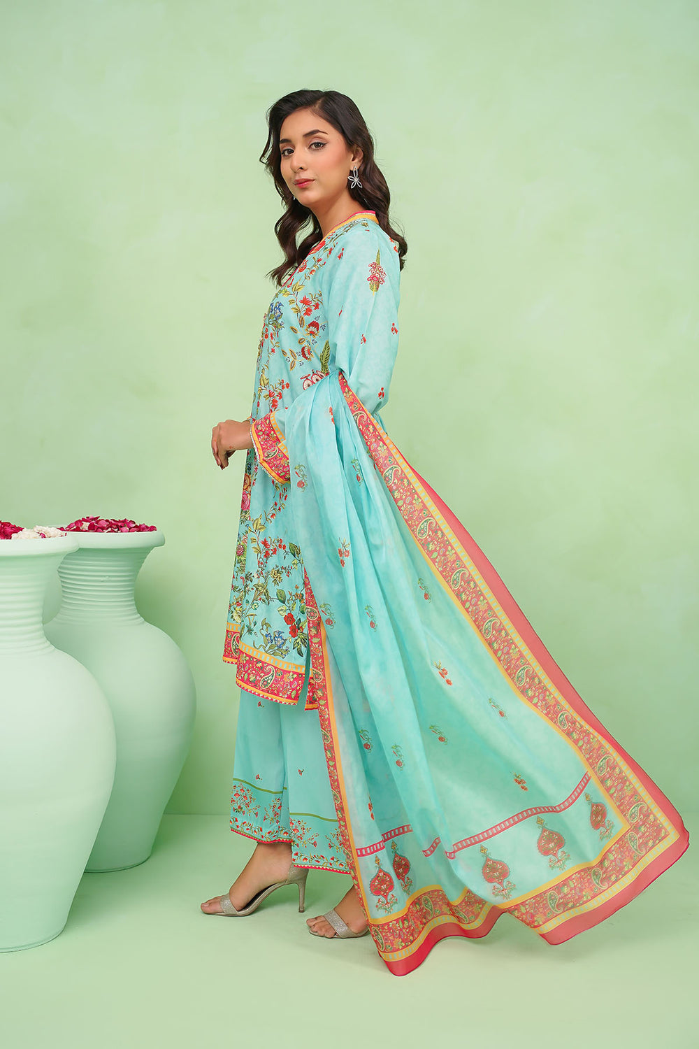 Poly Lawn Digital Printed Ferozi Stitched Suit - Ochre