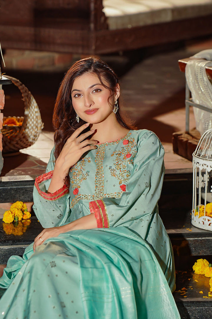 Chiffon Embroidered Mint Stitched Suit - Ochre