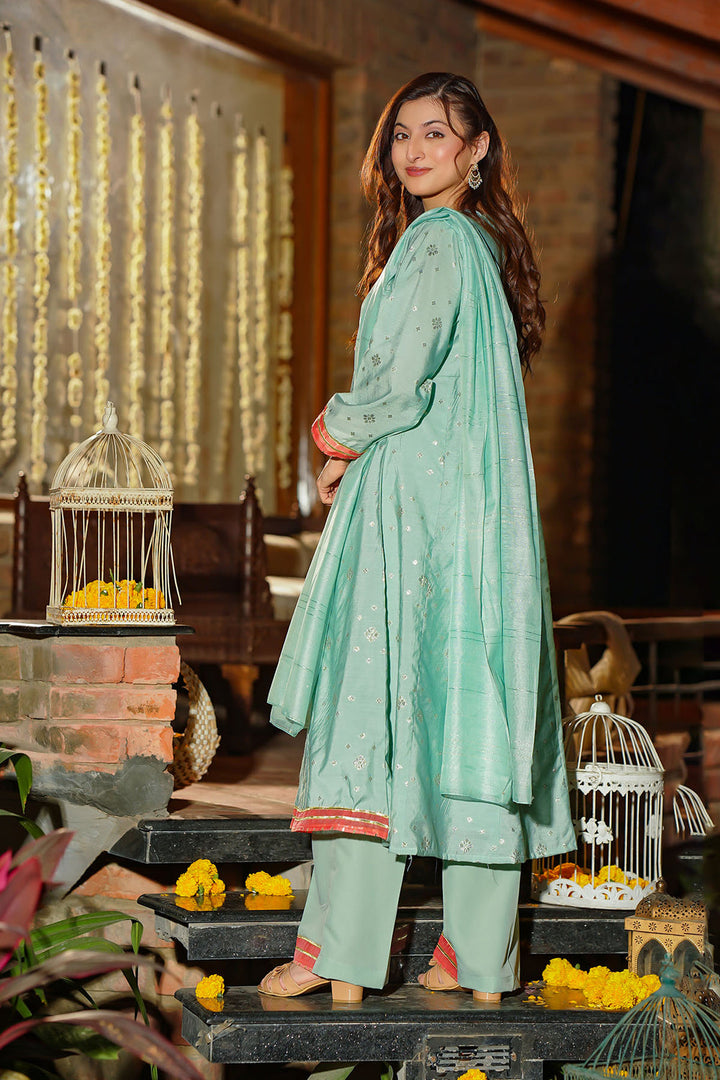 Chiffon Embroidered Mint Stitched Suit - Ochre